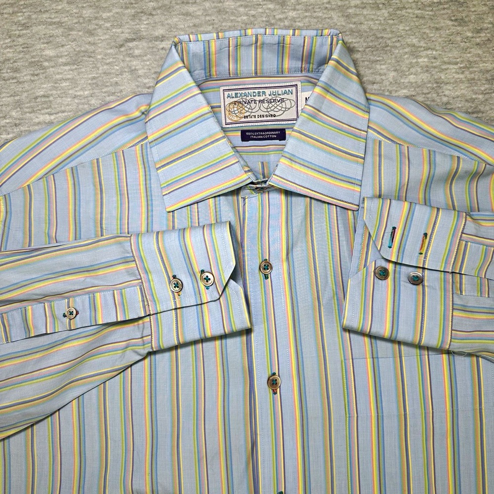 Alexander Julian Private Reserve 100% Italian Cotton Woven Striped Shirt Blue M